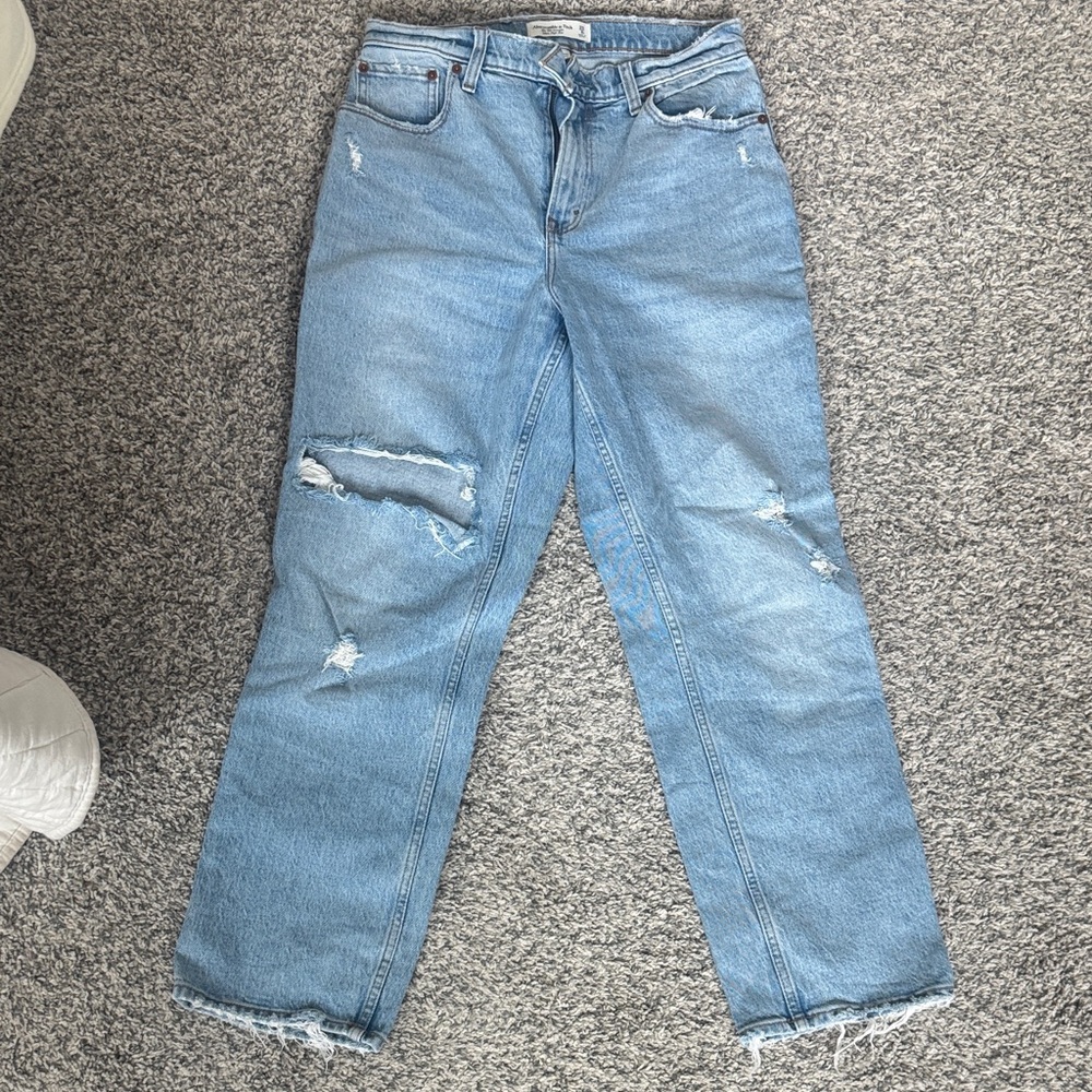Abercrombie & Fitch Curve Love Light Blue Distressed Straight-Leg Jeans
